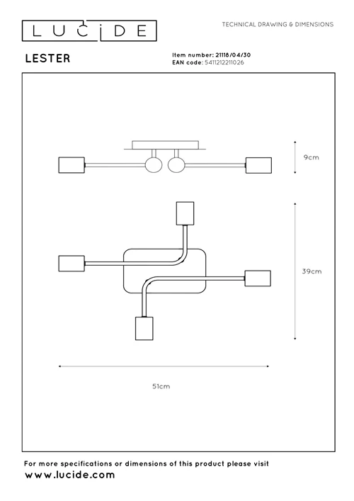 Lucide LESTER - Deckenleuchte - 4xE27 - Schwarz - technisch